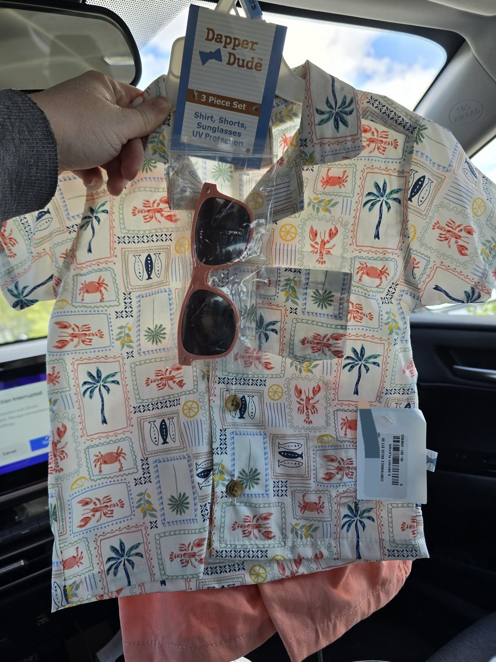 Baby Boys' Cream Tropical Print Shirt And Pants Set With Glasses- Short Sleeve